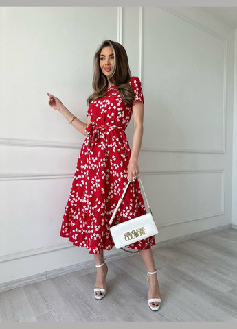 Красное повседневный женское платье в цветочек софт No Brand с цветочным принтом