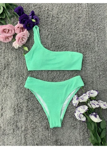 Мятный летний женский раздельный купальник жатка на одно плечо hawai No Brand