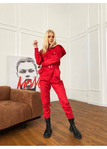 Жіночий комбінезон із замши з капюшоном (mil286) milirud червоний повсякденний