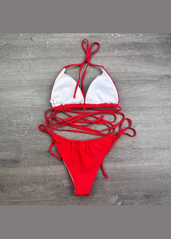 Красный раздельный купальник с длинными шлейками шибари, треугольники и танга s m l (44 46 48 50) красный Po Fanu