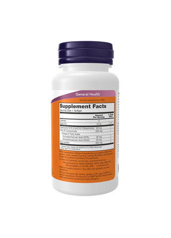 Капсули CoQ10 з Омега-3 для серця 60 мг 60 капсул Now Foods (367957868)