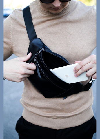 Мужская сумка-бананка на пояс из натуральной гладкой кожи (Черная) SKILL (323427252)