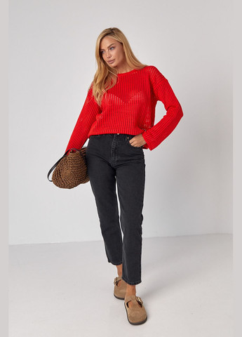 Женские джинсы МОМ со рваным декором на карманах - черный Lurex - (302337016)