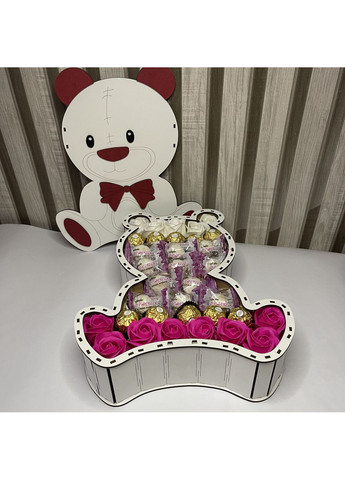 Подарунковий бокс в дерев'яній коробці у формі медведя з мильними трояндами та цукерками Ferrero Rocher No Brand (354820437)