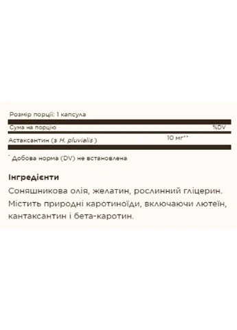 Харчова добавка Astaxanthin 10 mg - 30 softgels Solgar (296189607)