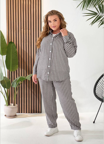 Женский льняной костюм 3-ка (штаны+майка+рубашка) графитового цвета 33330 Fashion (334102939)