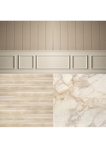 Кутовий вініловий фотофон 3D, бежева панельна стіна, підлога світле дерево і кремовий мармур, 70×70 см, №58341 PhotoVinyl (354377116)