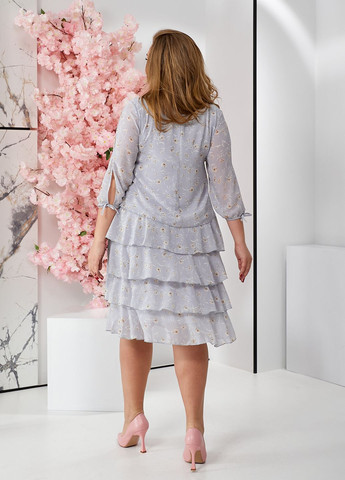 Светло-голубое коктейльное, повседневный, праздничный, вечернее платье с рюшами и длинными рукавами а-силуэт, клеш, колокол No Brand с абстрактным узором