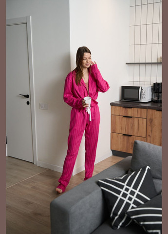Розовая всесезон пижама женская в полоску лен розовая рубашка + брюки Handy Wear Linen Strip