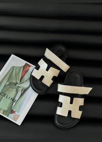 Бежевые кожаные слайдеры No Brand