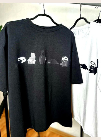 Чёрная oversize футболка из турецкой ткани с принтом котиков на груди No Brand 2742 - (338187792)