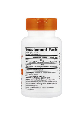 Лютеин с Lutemax 2020, 20 мг, 60 мягких таблеток Doctor's Best (361858586)