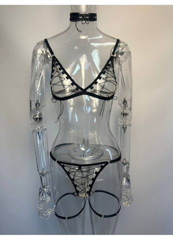 Чорний демісезонний комплект жіночої нижньої білизни poker з шнурівкою бюстгалтер трусики з гартерами та чокер червоний No Brand Покер