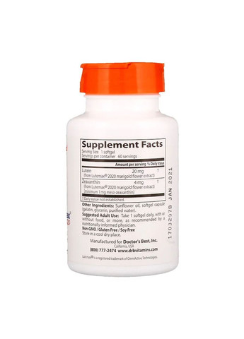 Лютеїн, Lutein with Lutemax, 20 мг, 60 желатинових капсул Doctor's Best (326054157)