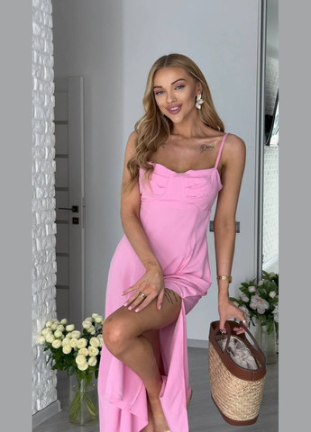 Рожева легка сукня міді рожевого кольору 33684 а-силует Fashion однотонна