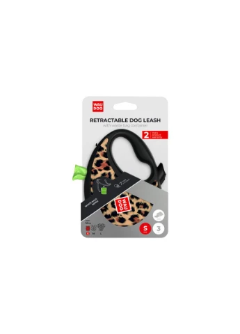 Поводок-рулетка для собак R-leash с контейнером для пакетов, рисунок "Леопард", светоотражающая лента, S, до 12 кг, 3 м WAUDOG (322642356)