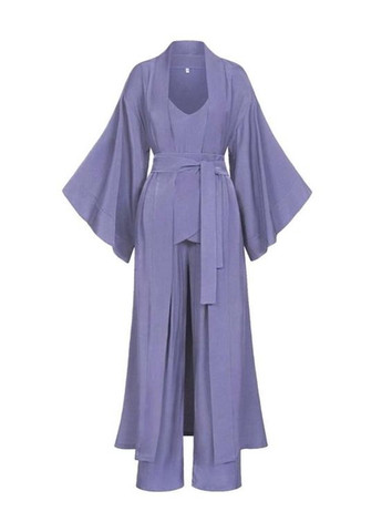 Сиреневая комплект женский тройка - кимоно под пояс, топ на широких бретелях и свободные брюки лавандовый лаванда Garna