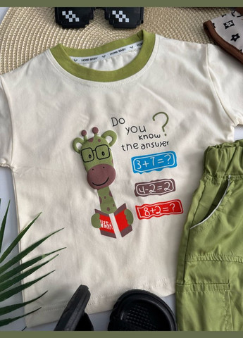 Комбинированный демисезонный костюм на лето мальчика с жирафиком цвет зеленый 10862 No Brand