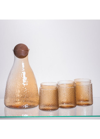 Набір для напоїв графин з бамбуковою кришкою 6 склянок скляний коричневий комплект для води соків Yiwu (370432494)