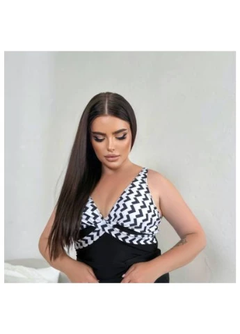 Черный демисезонный черно-белый купальник танкини plus size с топом и шортиками No Brand
