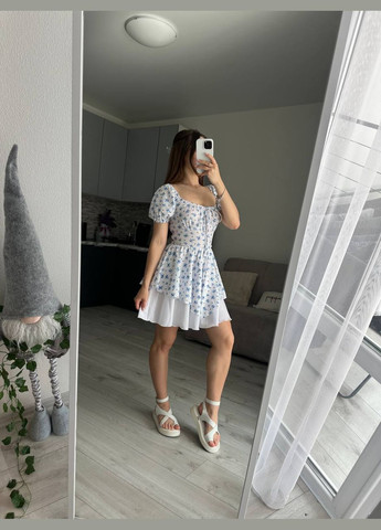 Білий повсякденний жіноча міні сукня з підкладкою кльош Україна з квітковим принтом