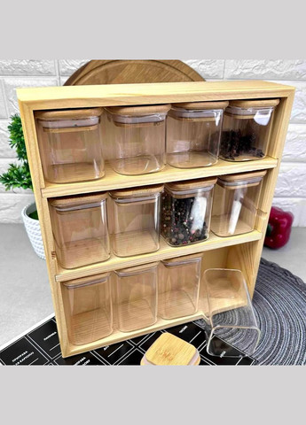 Великий набір скляних ємностей для спецій у дерев'яному боксі + наклейки, 13 предметів Hell (303211270)