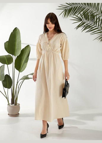 Молочное повседневный хлопковое платье клеш Garna однотонное