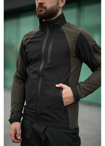 Оливковая (хаки) демисезонная стильная мужская куртка с softshell без флиса Vakko