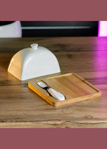 Маслянка керамічна 15*15*9 см з ножем та бамбуковою підставкою Yiwu (322503824)