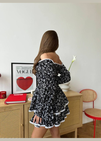 Черное красивое летнее черное платье с открытым декольте и длинным рукавом, короткое платье в цветочном принте из качественного софта No Brand