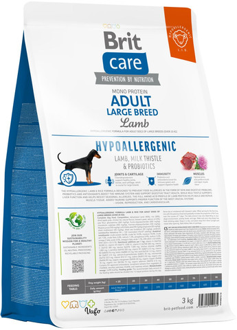 Корм для собак великих порід Dog Hypoallergenic Adult Large Breed гіпоалергенний з ягнятком 3 кг (8595602559084) Brit Care (364787927)