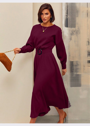 Бордовое кэжуал платье бордового цвета с расклёшенной юбкой и поясом Dressa однотонное