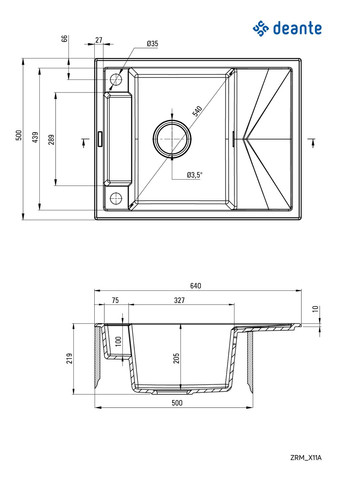 Мийка кухонна Magnetic, граніт, прямокут., з крилом, 640х500х219мм, чаша - 1, врізна, Deante (315602426)