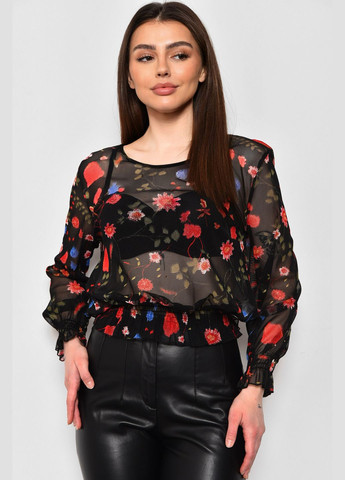 Чорна демісезонна блуза жіноча в сіточку з принтом чорного кольору з баскою Let's Shop