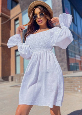 Білий повсякденний жіноча сукня з льону з рукавами-ліхтариками а-силует Tik-Tak однотонна