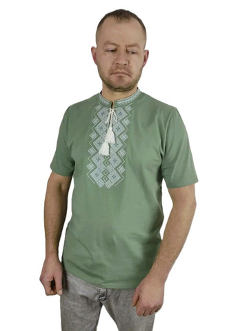 Оливковая мужская вышитая футболка вышиванка олива с белым орнаментом НоКо узор орнамент свободная, прямой хлопок (314510370)