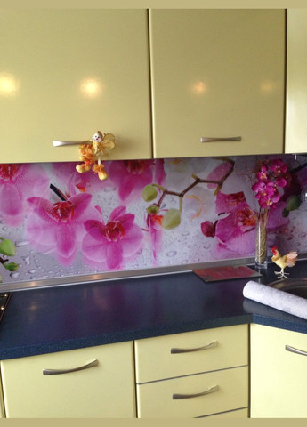 Кухонный фартук заменитель стекла орхидеи бело розовые, с двухсторонним скотчем 62 х 305 см, 1,2 мм Декоинт (278287796)