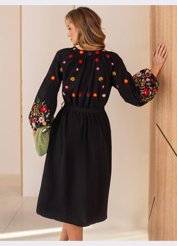 Чорна кежуал чорна сукня-сорочка з вишивкою та поясом Dressa однотонна