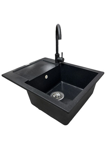 Набор кухонный Minimal, искусственный камень, прямоугольный, с крылом, 615х495х200мм, чаша – 1, врезная, черный + смеситель Adamant (370617237)