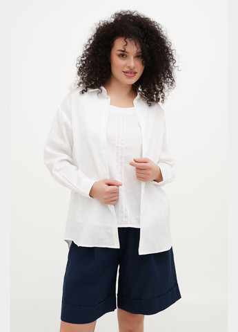 Біла жіноча блуза-сорочка вишиванка з льону з квітковою вишивкою на спині на ґудзиках айстра., р., код 9441/52/101 ГАЛЕРЕЯ ЛЬОНУ