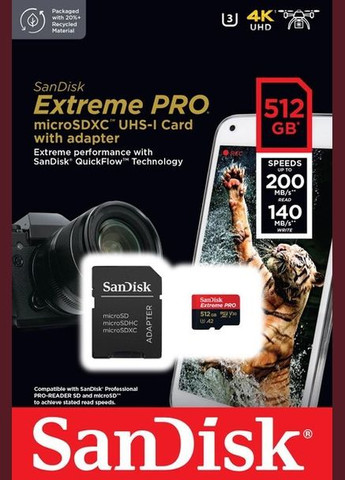 Картка пам'яті microSDXC — Extreme Pro A2 512 Gb class 10 V30 UHS1 U3 (R200MB/s,W140MB/s) SanDisk (293346665)