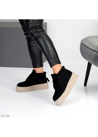 женские зимние ботинки maline, черные с бежевой подошвой, натуральная замша, на платформе с экохутром. No Brand