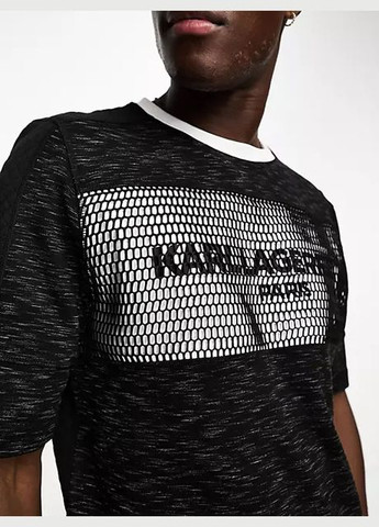 Черная мужская футболка Karl Lagerfeld Paris Mens Contrast Fabric Mesh Logo T-Shirt Black