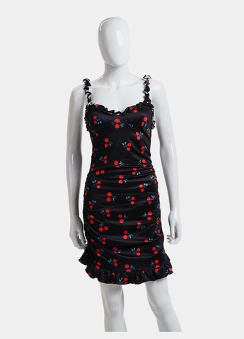 Жіночий приталений пеньюар домашня сукня з декором рюші принт вишеньки трусики в комплекті колір чорний No Brand Пеньюар вишеньки (330259162)