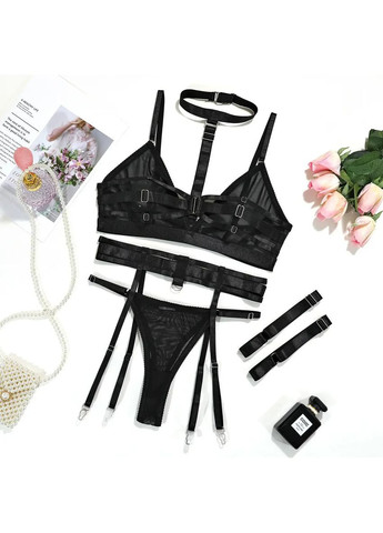 Черный демисезонный кружевной комплект с поясом. эротический комплект из французского нежного кружева. секс бельё No Brand