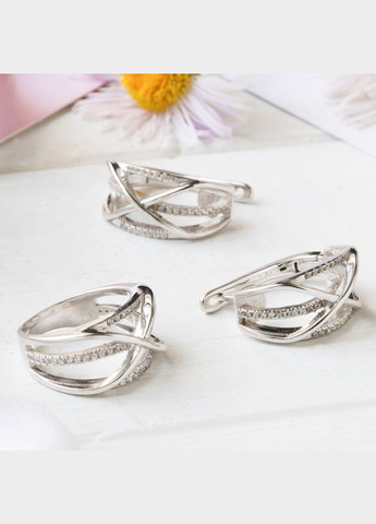 Комплект срібний Ажурна коса сережки та каблучка з маленькими фіанітами Каштан (342335048)