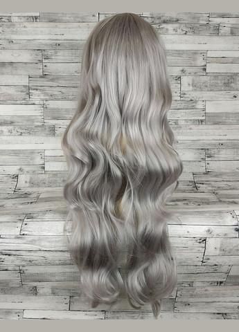 Парик серый пепельный длинный волнистый с длинной челкой женский для женщин 80см из искусственных волос No Brand 3501 (303133422)