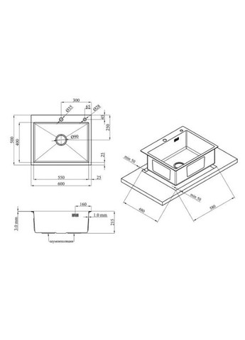 Кухона мийка H6050G PVD вбудована Brush 3.0/0,8mm 600*500/215мм. Grey LIDZ 058385 (316464211)