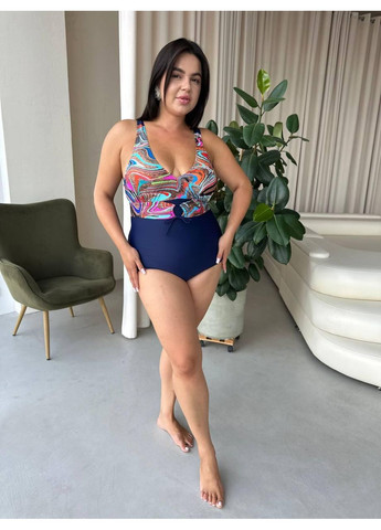 Синий летний женский купальник сплошной абстракция плюс сайз женский купальник синий с ярким принтом больших размеров No Brand