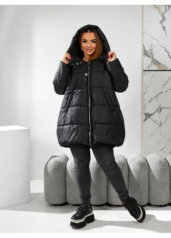 Черная зимняя женская теплая куртка на силиконе батальная No Brand